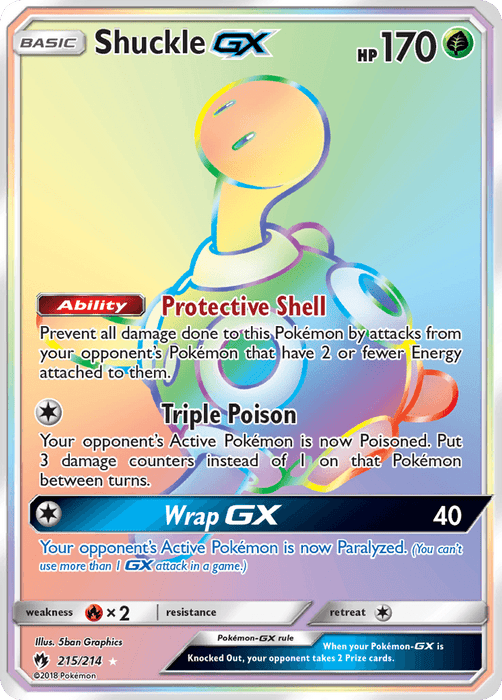 Image of a Pokémon trading card with Shuckle GX (215/214) [Sun & Moon: Lost Thunder]. The card details include: HP 170, an ability called "Protective Shell," and three moves: "Triple Poison," "Wrap GX," alongside their effects. Card number is 211/214, and it features vivid colors, a background holographic effect, and belongs to the Grass type category.