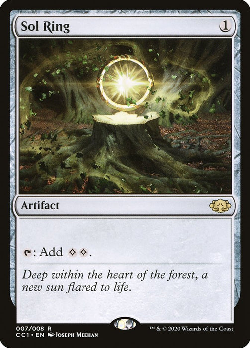 The Magic: The Gathering card “Sol Ring [Commander Collection: Green]” costs 1 mana and is a Rare artifact that generates 2 colorless mana when tapped. It’s included in the Commander Collection: Green set and features artwork of a glowing ring levitating within a mystical forest. The flavor text states, "Deep within the heart of the forest, a new sun flared to life.