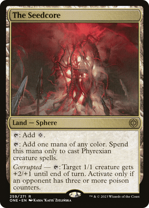 The image is of a Magic: The Gathering card titled "The Seedcore [Phyrexia: All Will Be One]". It depicts a dark, ominous structure made of red, twisted vines and thorny growths. As a rare land from Phyrexia, it generates colorless or colored mana and enhances creatures with the "Corrupted" mechanic.