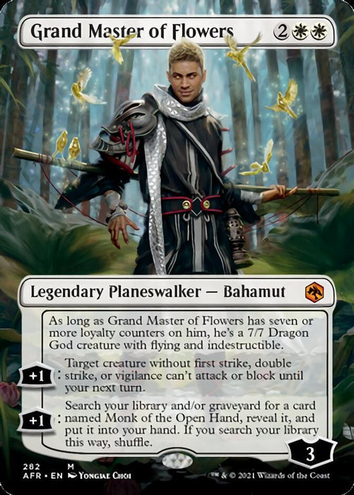 Image of the Magic: The Gathering card "Grand Master of Flowers (Borderless) [Dungeons & Dragons: Adventures in the Forgotten Realms]". The card features an illustration by Yongjae Choi of a legendary planeswalker, Bahamut, in white and black robes, with a serene forest background and glowing effects.