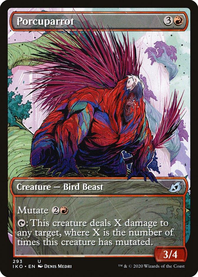 A "Magic: The Gathering" card titled "Porcuparrot (Showcase)" from the Ikoria: Lair of Behemoths set. It portrays a hybrid creature with traits of both a porcupine and a parrot, showcasing red and green quills and an impressive beak. The card specifics include a cost of 3 red mana, type as Creature – Bird Beast, and power/toughness of 3/.