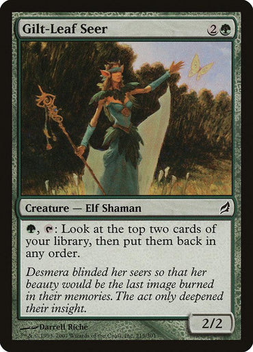 The image shows a Magic: The Gathering card titled "Gilt-Leaf Seer [Lorwyn]," a creature card from the Lorwyn set. The card features a regal-looking female Elf Shaman in elegant attire holding a magical staff. She stands in a forest with a butterfly near her. The card costs 2G to cast, has 2/2 power/toughness, and can tap to s