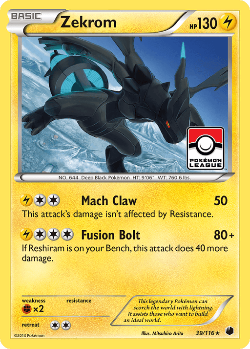 A Zekrom (39/116) [Black & White: Plasma Freeze] Pokémon card with 130 HP. It features the lightning-type Pokémon Zekrom in a fierce pose. It has two moves: Mach Claw, dealing 50 damage, and Fusion Bolt, dealing 80+ damage. Holo Rare with illustration number 39/116, it's marked as a Pokémon League promo card from Black & White: Plasma Freeze.