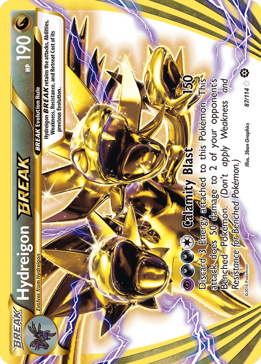 The image showcases a Hydreigon BREAK (87/114) [XY: Steam Siege] card from Pokémon with holographic elements, highlighting its rarity. With 190 HP and a move called Calamity Blast that deals 150 damage, the card stands out. The golden, radiant design features a dynamic pose of the Dragon-type Pokémon from the Steam Siege set.
