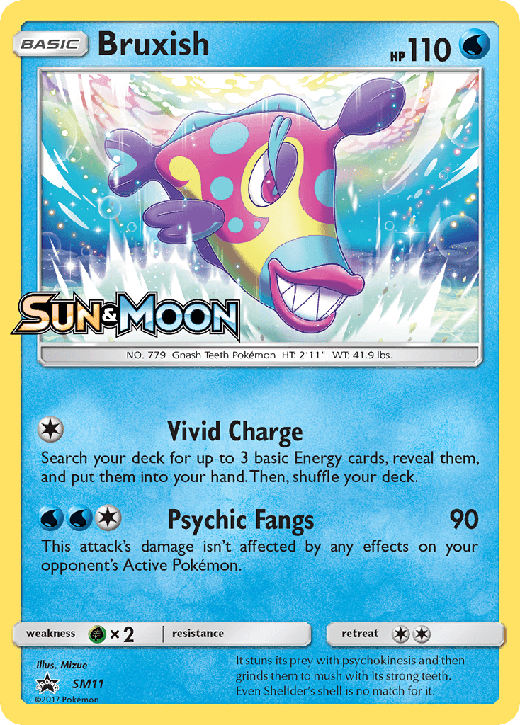 The image features a Bruxish card from the Pokémon Sun & Moon: Black Star Promos series, with 110 HP. Bruxish, a vibrant water-type fish known for its sharp teeth, includes the attacks 