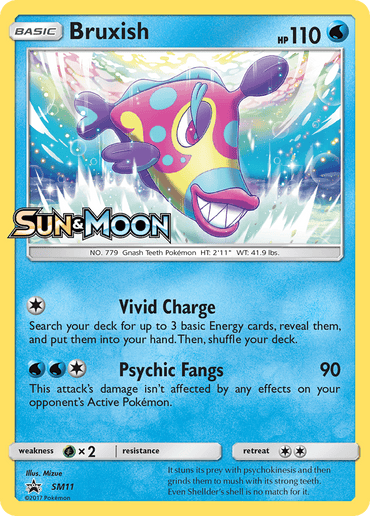 The image features a Bruxish card from the Pokémon Sun & Moon: Black Star Promos series, with 110 HP. Bruxish, a vibrant water-type fish known for its sharp teeth, includes the attacks "Vivid Charge" and "Psychic Fangs," delivering 90 damage. This promo card is illustrated by Mizue and carries the number SM111.