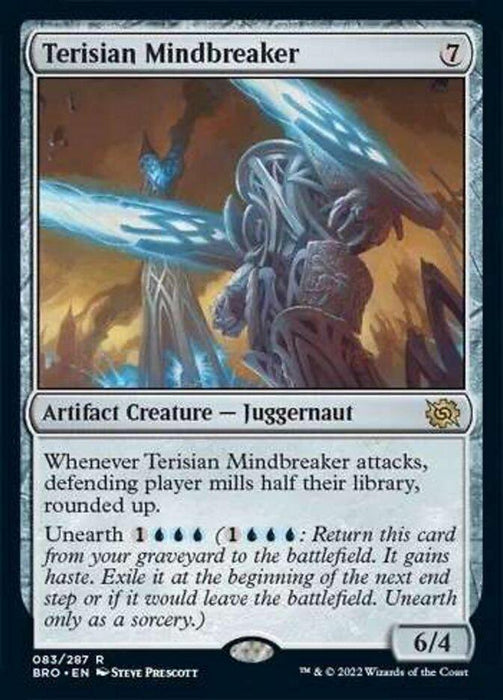 The image is of a "Terisian Mindbreaker [The Brothers' War]" card from Magic: The Gathering, depicting an Artifact Creature with mechanical features, blue energy, and swirling patterns. Its abilities include making the defending player mill half their library and Unearth for a cost. It has power 6 and toughness 4.