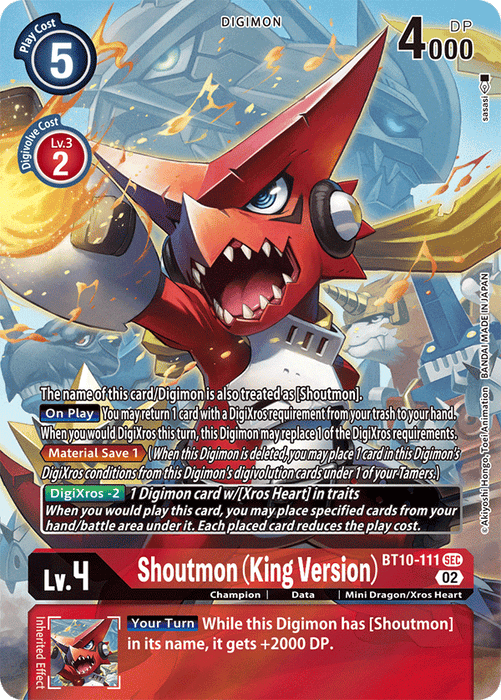 A Secret Rare Digimon trading card, Shoutmon (King Version) [BT10-111] (Alternate Art) [Xros Encounter], features Shoutmon in striking red and yellow armor. The card displays various gameplay statistics and text, including a play cost of 5 and 4000 DP, with detailed effects and attributes in text boxes. An image of Shoutmon from Xros Heart is showcased at the bottom.