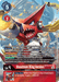 A Secret Rare Digimon trading card, Shoutmon (King Version) [BT10-111] (Alternate Art) [Xros Encounter], features Shoutmon in striking red and yellow armor. The card displays various gameplay statistics and text, including a play cost of 5 and 4000 DP, with detailed effects and attributes in text boxes. An image of Shoutmon from Xros Heart is showcased at the bottom.