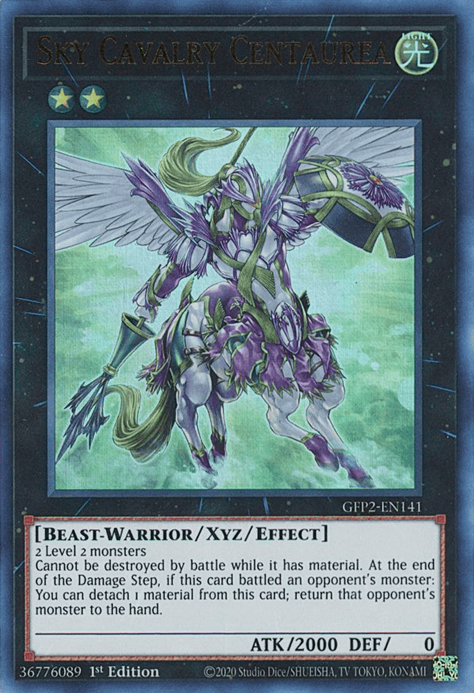 The "Sky Cavalry Centaurea [GFP2-EN141] Ultra Rare" from the Yu-Gi-Oh! series is an Xyz/Effect Monster card featuring a winged centaur armed with a staff, dressed in battle armor. The card is adorned with stars and provides detailed information on its abilities, showcasing an attack of 2000 and a defense of 0. The background presents a muted blue hue along with text descriptions.