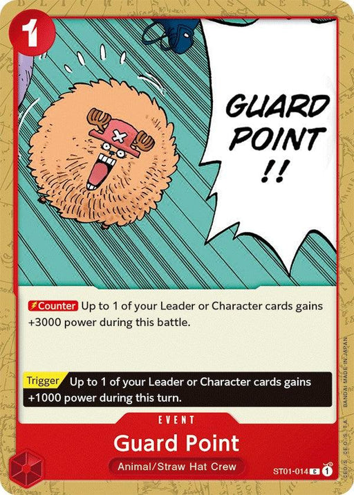 Event card from the One Piece trading card game depicting Tony Tony Chopper in his Guard Point form. The card's abilities include boosting a Leader or Character's power by +3000 during a battle. Text reads "GUARD POINT!!" in a speech bubble. Labeled "Guard Point [Starter Deck: Straw Hat Crew]" at the bottom, it's part of Bandai.