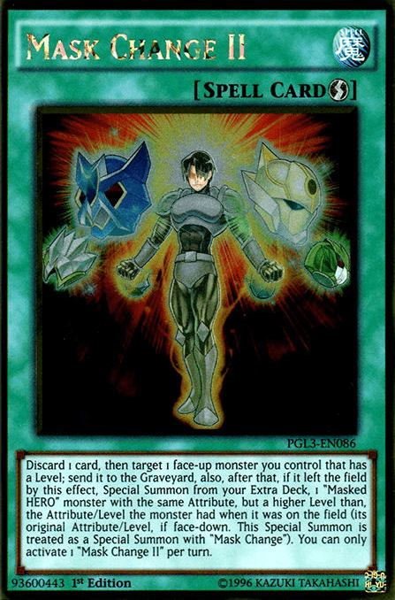 A Yu-Gi-Oh! card titled "Mask Change II [PGL3-EN086] Gold Rare" with the label "Quick Play Spell" at the top. The card, featured in the Premium Gold: Infinite Gold set, showcases an armored character surrounded by three floating masks: one blue wolf-like, one green insect-like, and one orange feline-like. The card text describes the effect and usage of the spell.