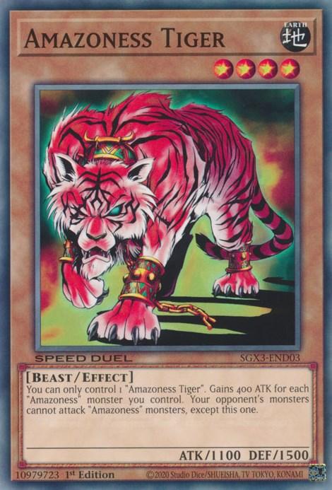 This Speed Duel GX Yugioh card, Amazoness Tiger [SGX3-END03] Common, showcases an Effect Monster with pink fur and black stripes, adorned in golden armor and ornaments. It boasts ATK 1100, DEF 1500, and includes the text: 