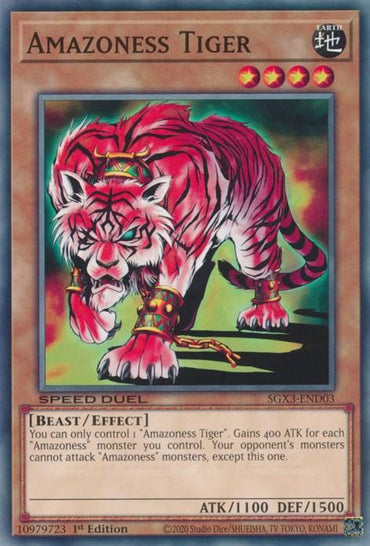 This Speed Duel GX Yugioh card, Amazoness Tiger [SGX3-END03] Common, showcases an Effect Monster with pink fur and black stripes, adorned in golden armor and ornaments. It boasts ATK 1100, DEF 1500, and includes the text: "You can only control 1 'Amazoness Tiger.' Gains 400 ATK for each 'Amazoness' monster you control.