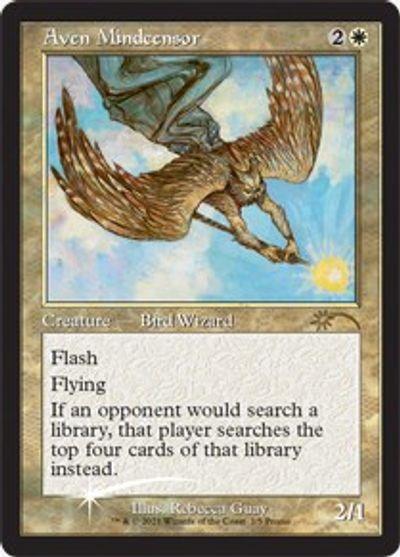 The Aven Mindcensor card from the Love Your LGS 2021 series by Magic: The Gathering is a rare creature card featuring a Bird Wizard. It depicts a bird-like creature flying while holding a glowing orb. With abilities such as 