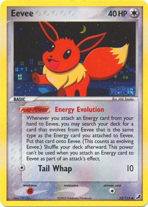 A Pokémon Eevee (55/115) (Stamped) [EX: Unseen Forces] trading card featuring Eevee from the Unseen Forces set. This common card has 40 HP and is numbered 55/115. Illustrated by Mitsuhiro Arita, it shows Eevee in a playful stance against a vibrant background. The card's abilities include "Energy Evolution" and the Colorless attack "Tail Whap," which deals 10 damage.