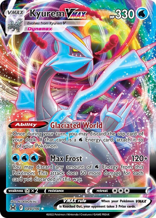 The image shows an Ultra Rare Pokémon trading card featuring Kyurem VMAX (049/196) [Sword & Shield: Lost Origin] from the Pokémon set. Kyurem, a dragon and ice-type Pokémon, is depicted in a dynamic, colorful background with ice and water effects. The card details include 330 HP, the Glaciated World ability, and Max Frost attack, which deals 120+ damage.