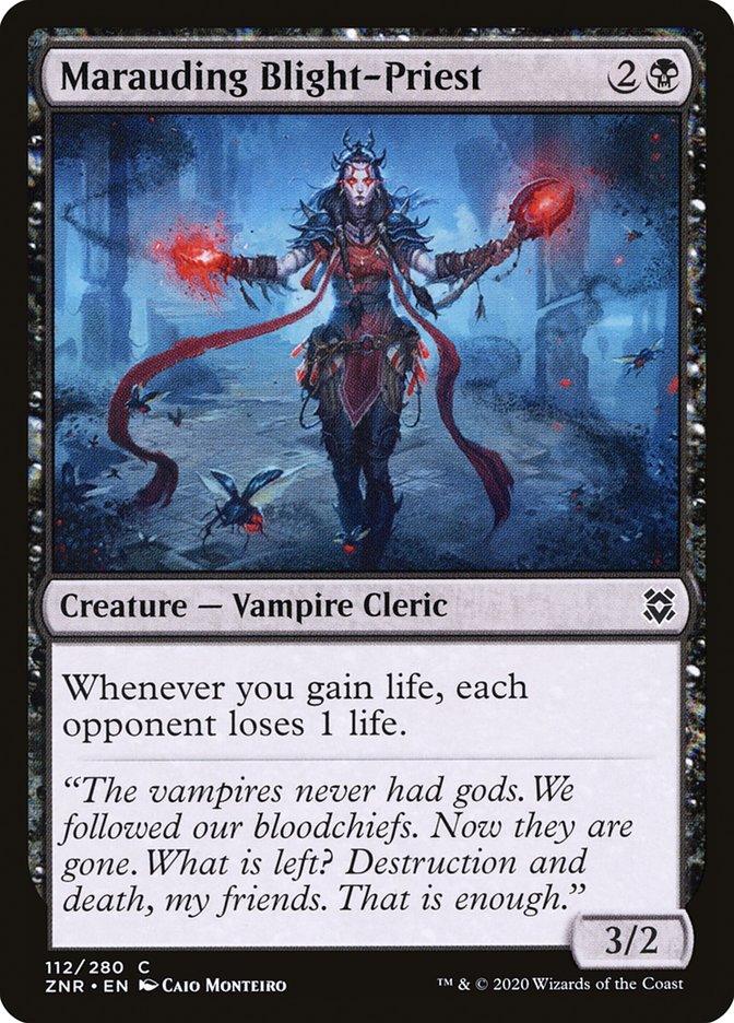 A Magic: The Gathering product titled Marauding Blight-Priest [Zendikar Rising]. It depicts a Vampire Cleric with dark hair, wearing spiked armor, holding red-glowing orbs in each hand, and standing in a misty, eerie landscape. The card reads: "Whenever you gain life, each opponent loses 1 life." Its strengths are 3/