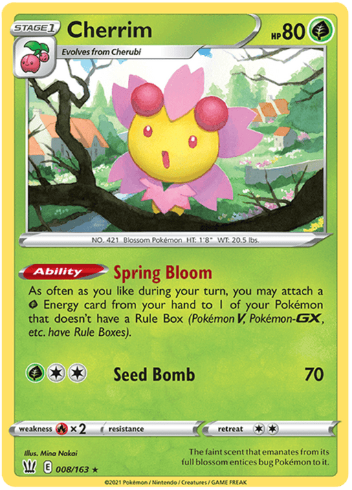 A Pokémon Cherrim (008/163) [Sword & Shield: Battle Styles] trading card featuring Cherrim, a rare yellow and pink flower-like creature with petal-like appendages from the Sword & Shield: Battle Styles set. Cherrim has 80 HP and belongs to the Grass type. It has the ability "Spring Bloom" and the attack "Seed Bomb," causing 70 damage. The card number is 008/163.






