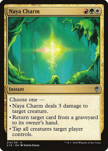 The image showcases a Magic: The Gathering card, Naya Charm [Commander 2016]. This instant card with a mana cost of green, red, and white offers three abilities: dealing 3 damage to a creature, returning a target card from a graveyard to its owner's hand, and tapping all creatures a player controls.