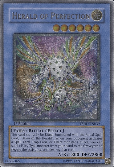 A Yu-Gi-Oh! card titled "Herald of Perfection [TSHD-EN039] Ultimate Rare" from The Shining Darkness series displays a fantastical creature with a glowing, multicolored aura, wings, and a spherical body adorned with intricate patterns. It is a 1st Edition Ritual/Effect monster card with the code TSHD-EN039, 1800 ATK, and 2800 DEF.