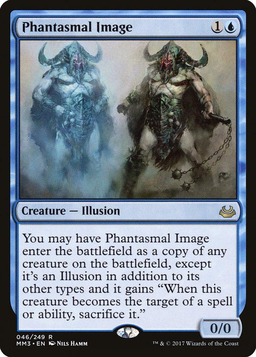 A Magic: The Gathering card titled Phantasmal Image [Modern Masters 2017]. It depicts a ghostly mirrored image of a horned, armored creature holding a weapon. The blue card allows the creature to enter as a copy of any other creature, but with an Illusion subtype and a sacrifice condition. Artwork by Nils Hamm.
