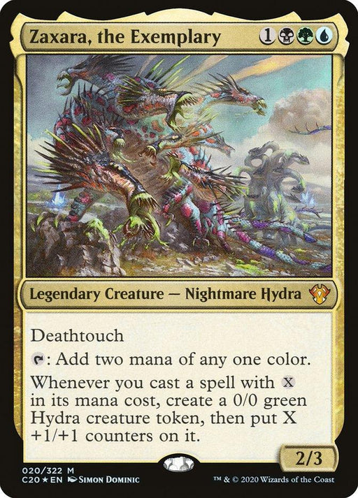 Image of the "Zaxara, the Exemplary [Commander 2020]" Magic: The Gathering card. This Mythic Nightmare Hydra boasts multiple heads, vibrant colors, and spiked frills. It’s a 2/3 creature with Deathtouch, mana generation abilities, and creates Hydra tokens. Part of Commander 2020, it's card number 20/322.