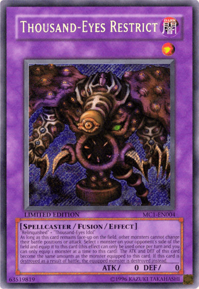 Image of a Yu-Gi-Oh! trading card named "Thousand-Eyes Restrict [MC1-EN004] Secret Rare," a Secret Rare Fusion/Effect Monster. The card is purple, indicating it is a Fusion Monster. The artwork shows a dark, multi-eyed creature with numerous tentacles. It has 0 ATK and 0 DEF points and its effects are listed in a text box below the image.