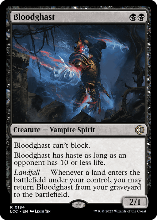 A Magic: The Gathering card titled "Bloodghast [The Lost Caverns of Ixalan Commander]" showcases a dark, spectral Vampire Spirit with glowing red eyes and an ethereal form, set against a shadowy backdrop. With a mana cost of two black mana, its abilities include Landfall triggers and more, specified in the text box below.