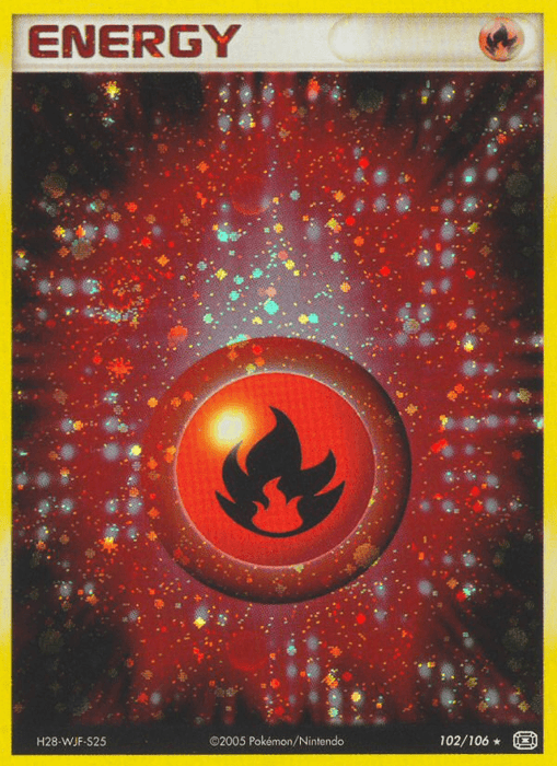 The Pokémon Fire Energy (102/106) [EX: Emerald] Trading Card features a stunning Fire Energy design with a vibrant red background adorned with glowing, sparkling effects. At its center lies a red orb containing a black flame symbol. The card has a yellow border and the label "ENERGY" is prominently displayed in bold red letters at the top, while the number "102/106" is positioned at the bottom.