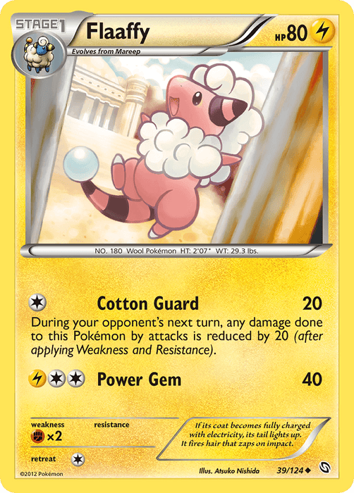 The Pokémon Flaaffy card (39/124) from the Black & White: Dragons Exalted series depicts a pink, sheep-like creature with a white mane and black-tipped ears. This Uncommon card features 80 HP and two moves: "Cotton Guard" and "Power Gem." The background has an electric-themed design.