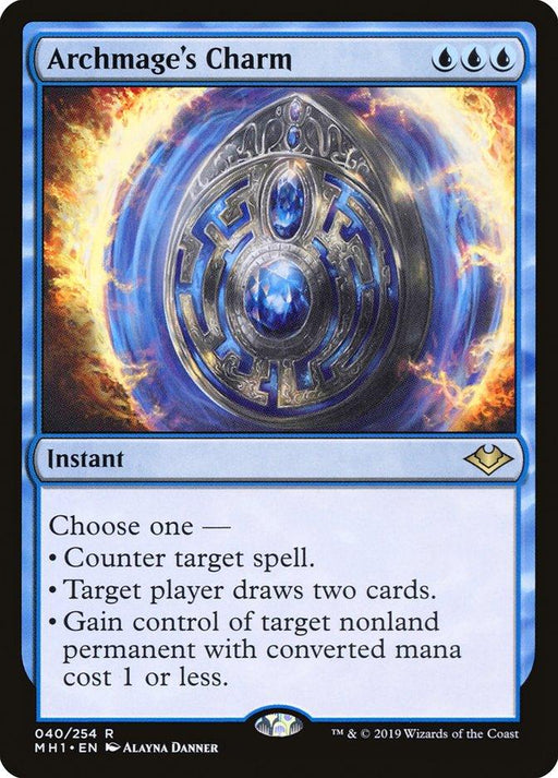 A Magic: The Gathering card titled "Archmage's Charm [Modern Horizons]." This rare Instant features a glowing, ornate pendant with a blue gem at its center, encircled by mystical energy. For three blue mana, choose to counter a spell, draw two cards, or gain control of a nonland permanent with converted mana cost 1 or less.
