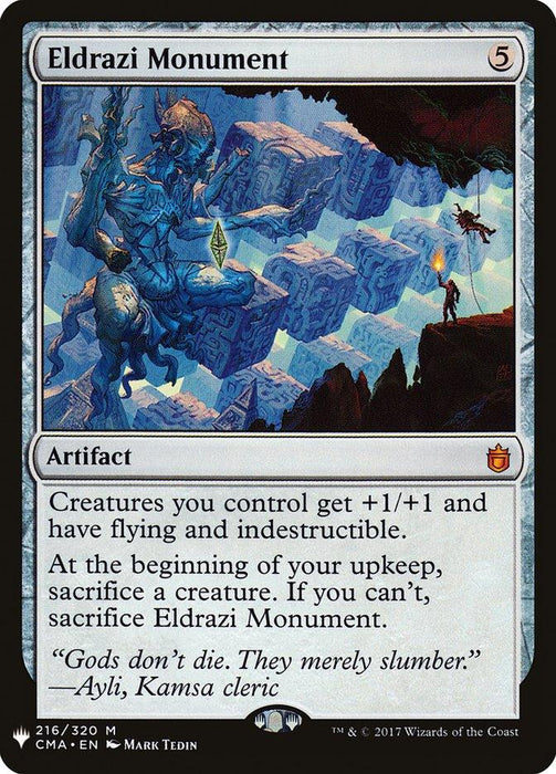 A Magic: The Gathering card named "Eldrazi Monument [Mystery Booster]." This mythic artifact costs 5 colorless mana and grants creatures you control +1/+1, flying, and indestructible. You must sacrifice a creature at the beginning of your upkeep or sacrifice Eldrazi Monument [Mystery Booster]. The art depicts a colossal Eldrazi with a figure against a surreal landscape. The flavor text reads, "God