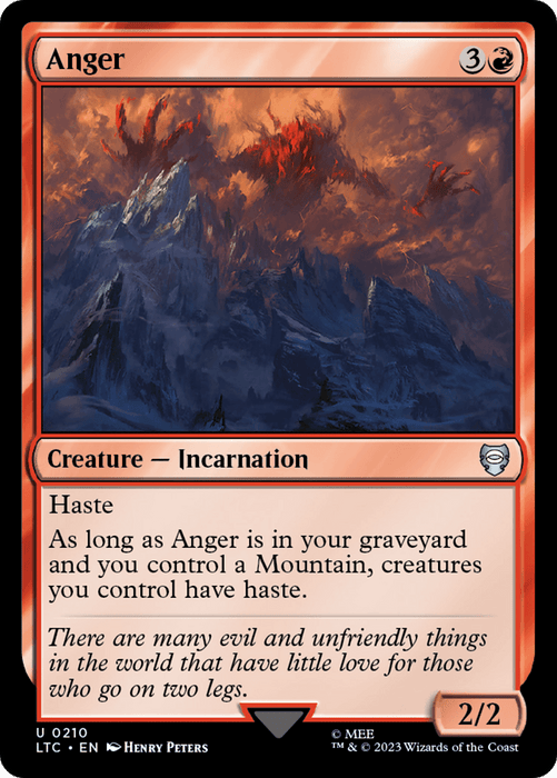 A Magic: The Gathering card named "Anger [The Lord of the Rings: Tales of Middle-Earth Commander]" features a red border and depicts a fiery, volcanic landscape reminiscent of The Lord of the Rings: Tales of Middle-Earth. This Creature – Incarnation grants haste to creatures if it's in the graveyard and you control a Mountain. It has a power/toughness of 2/2.