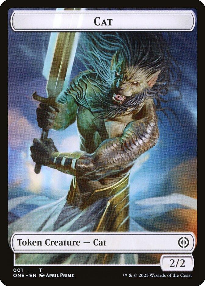 A fantasy-themed card titled "Cat" depicts a fierce, muscular feline humanoid wielding a large sword. The creature is adorned in golden armor with intricate detailing, and has long, flowing mane-like hair. The card is labeled "Token Creature - Cat" from the *Phyrexian Goblin // Cat Double-Sided Token [Phyrexia: All Will Be One Tokens]* series by *Magic: The Gathering*, with a power and toughness rating of 2/2.