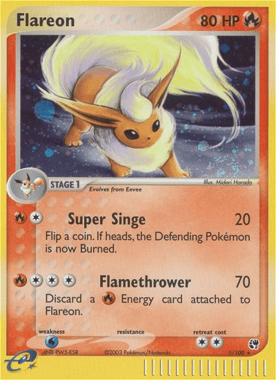 The Flareon (5/100) [EX: Sandstorm] Pokémon card from the beloved brand features a stunning illustration of Flareon set against a starry background. With 80 HP, this card represents the evolution from Eevee and showcases its fiery abilities with moves like Super Singe and Flamethrower. At the bottom, you'll find its fire weakness noted as water, along with icons for resistance and retreat cost.