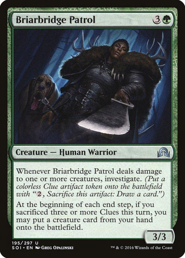 A Magic: The Gathering card from the *Shadows over Innistrad* expansion, titled **Briarbridge Patrol [Shadows over Innistrad]**. It features a green border and an image of a muscular human warrior carrying a large wooden staff, with a dog by their side. The card's mechanics include investigating when dealing damage. It has power and toughness of 3/3.