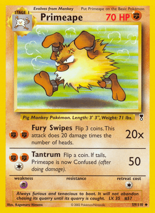 A Pokémon card of Primeape (59/110) [Legendary Collection] from Pokémon with 70 HP. The card shows a fierce, yellow, and brown, ape-like creature in a dynamic pose. As an Uncommon Fighting type, it has two attacks: Fury Swipes (20x damage) and Tantrum (50 damage). Weakness to Psychic, no resistance, and a retreat cost of one energy. Card number