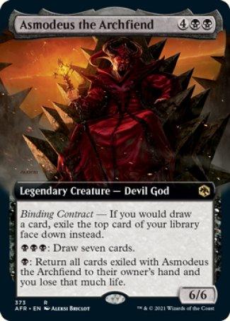 Image of a Magic: The Gathering card titled "Asmodeus the Archfiend (Extended Art) [Dungeons & Dragons: Adventures in the Forgotten Realms]." This Legendary Creature - Devil God, featured in the Adventures in the Forgotten Realms set, has a casting cost of 4 colorless mana and 2 black mana. It possesses abilities related to drawing cards and returning exiled cards, with a power and toughness of 6/6.