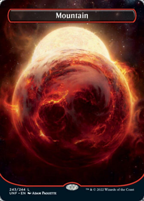 A "Mountain (243) (Orbital Space-ic Land) [Unfinity]" Magic: The Gathering card illustrated by Adam Paquette. The artwork showcases a fiery, molten planet with glowing lava and explosive flares, set against a backdrop of stars. This Basic Land card is numbered 243/244 from the "Unfinity" set released in 2022 by Wizards of the Coast.