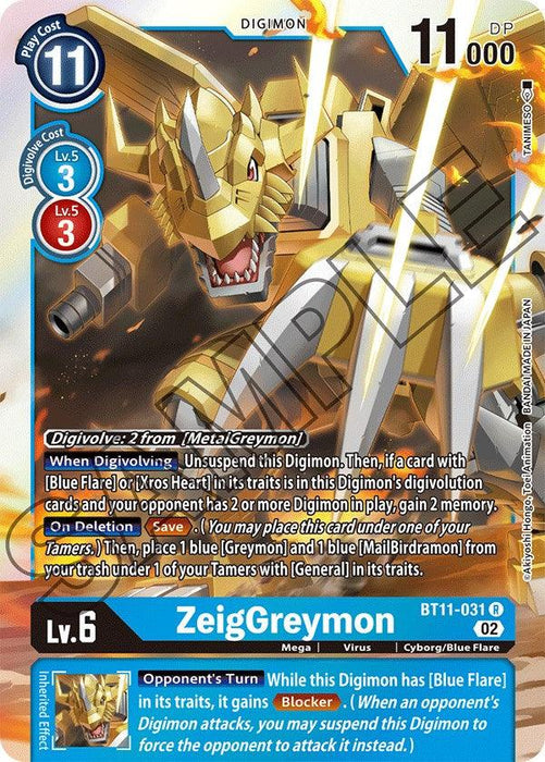 A Digimon card titled ZeigGreymon [BT11-031] [Dimensional Phase], featuring a metallic dragon-like creature with gold armor and a large cannon on its left arm. This Level 6 Digimon boasts 11,000 DP and can Digivolve from MetalGreymon. The Blue Flare-themed card highlights detailed stats and is accentuated with a blue border, exemplifying the qualities of the Dimensional Phase series.