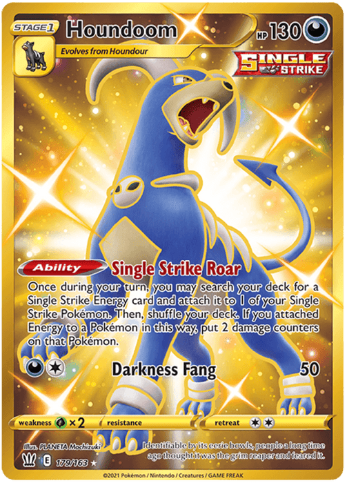 A holographic Pokémon card featuring **Houndoom (179/163) [Sword & Shield: Battle Styles]** from **Pokémon**. Houndoom, a dog-like creature with horns and an aggressive stance, is depicted on this Secret Rare card with a gold border. It details Houndoom's "Single Strike Roar" ability and "Darkness Fang" attack. Card number 179/163.