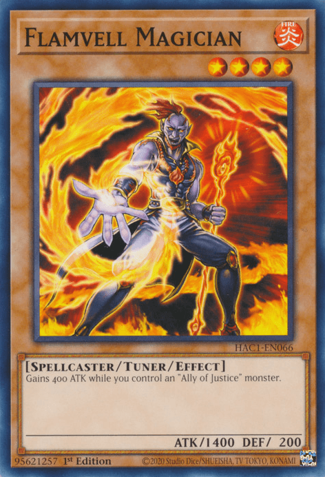 A "Flamvell Magician [HAC1-EN066] Common" Yu-Gi-Oh! trading card from the Hidden Arsenal series. The card depicts a fiery purple-skinned spellcaster with a muscular build, engaged in a powerful spell against an ablaze background. Stats: ATK/1400 DEF/200. Gains 400 ATK while you control an 'Ally of Justice' monster.