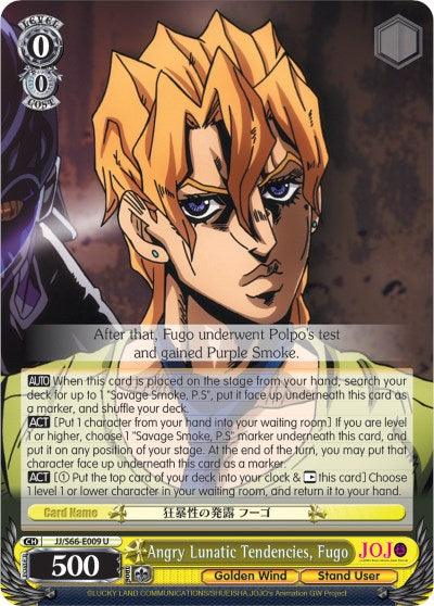 A Bushiroad Angry Lunatic Tendencies, Fugo (JJ/S66-E009 U) [JoJo's Bizarre Adventure: Golden Wind] card featuring Fugo from the anime "JoJo's Bizarre Adventure." The card displays a close-up of Fugo's face with spiky blonde hair and an intense expression. The background includes detailed text with gameplay instructions and statistics, such as "500" power in the lower left corner.