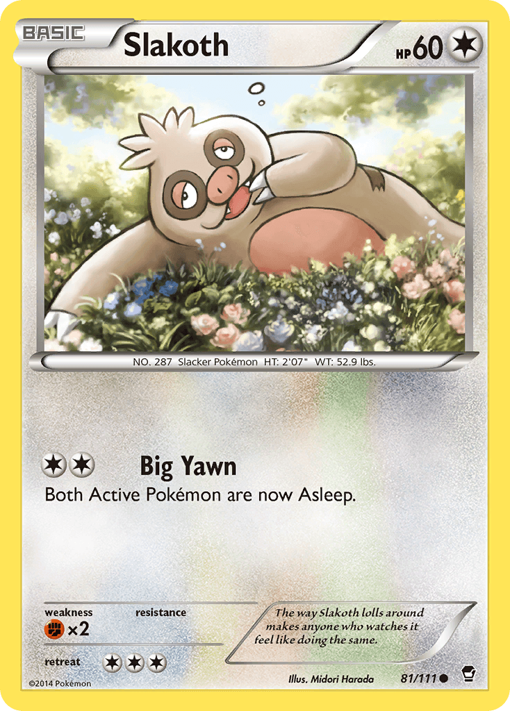 This Pokémon card from the XY: Furious Fists set features Slakoth, a tan sloth-like creature with a white face, brown mask-like markings, and a red nose. Lying on its back among flowers, it showcases the move 