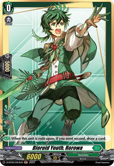 A vibrant trading card featuring Bioroid Youth, Rorowa from Bushiroad's Triumphant Return of the Brave Heroes series. The green-haired, armor-clad character is dynamically posed, with one hand extended and the other holding a red orb. The holo card details include a Grade of 0, a Power of 6000, and a Critical of 1. Card number: D-BT05/H54EN.