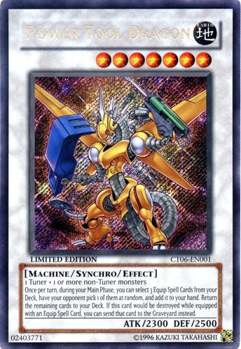 An image of a Yu-Gi-Oh! trading card titled "Power Tool Dragon [CT06-EN001] Secret Rare," a Secret Rare Synchro/Effect Monster from the 2009 Collectors Tin. The card features a metallic, dragon-like machine with wings, gears, and a drill arm. Text at the bottom details its type (Machine/Synchro/Effect), stats (ATK 2300, DEF