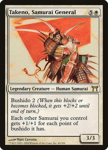 A Magic: The Gathering card titled "Takeno, Samurai General [Champions of Kamigawa]" featuring a Legendary Creature. It depicts a powerful Human Samurai in traditional armor, wielding a katana against a vibrant orange backdrop. The card costs 5 colorless and 1 white mana to cast and has 3/3 power/toughness with the Bushido 2 ability.