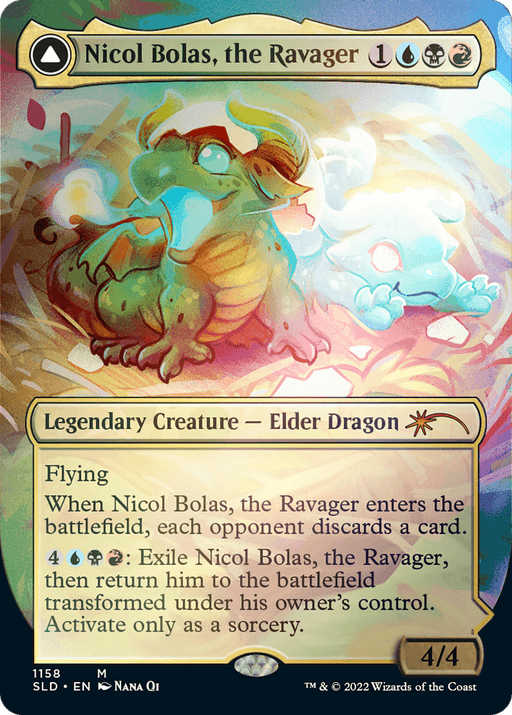 A Magic: The Gathering card featuring "Nicol Bolas, the Ravager // Nicol Bolas, the Arisen (Borderless) [Secret Lair: From Cute to Brute]" with a vivid illustration of a fearsome dragon. The Mythic Legendary Creature boasts multicolored scales and is set against a dynamic, glowing background. The card text details its abilities and stats: a 4/4 with flying.