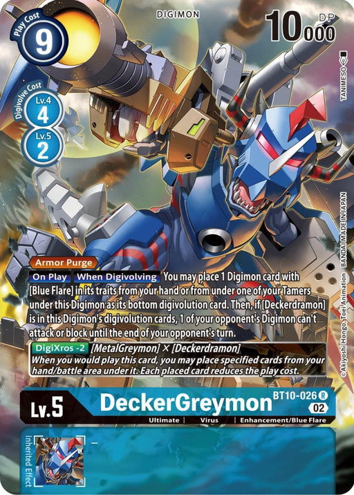 The DeckerGreymon [BT10-026] (Alternate Art) card from the Xros Encounter set showcases a mechanical dragon clad in blue and silver armor, wielding red claws and a serrated tail. With attributes like Lv.5, 10,000 DP, costs (9 for play, 4 Digivolve from Lv.4), and special abilities—embrace its Blue Flare power!